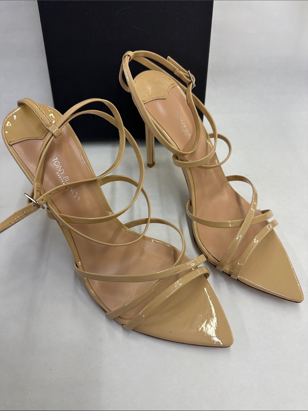 TONY BIANCO Beige Patent Multi-Strap Pointed Stiletto Heels New MARCY women’s 10
